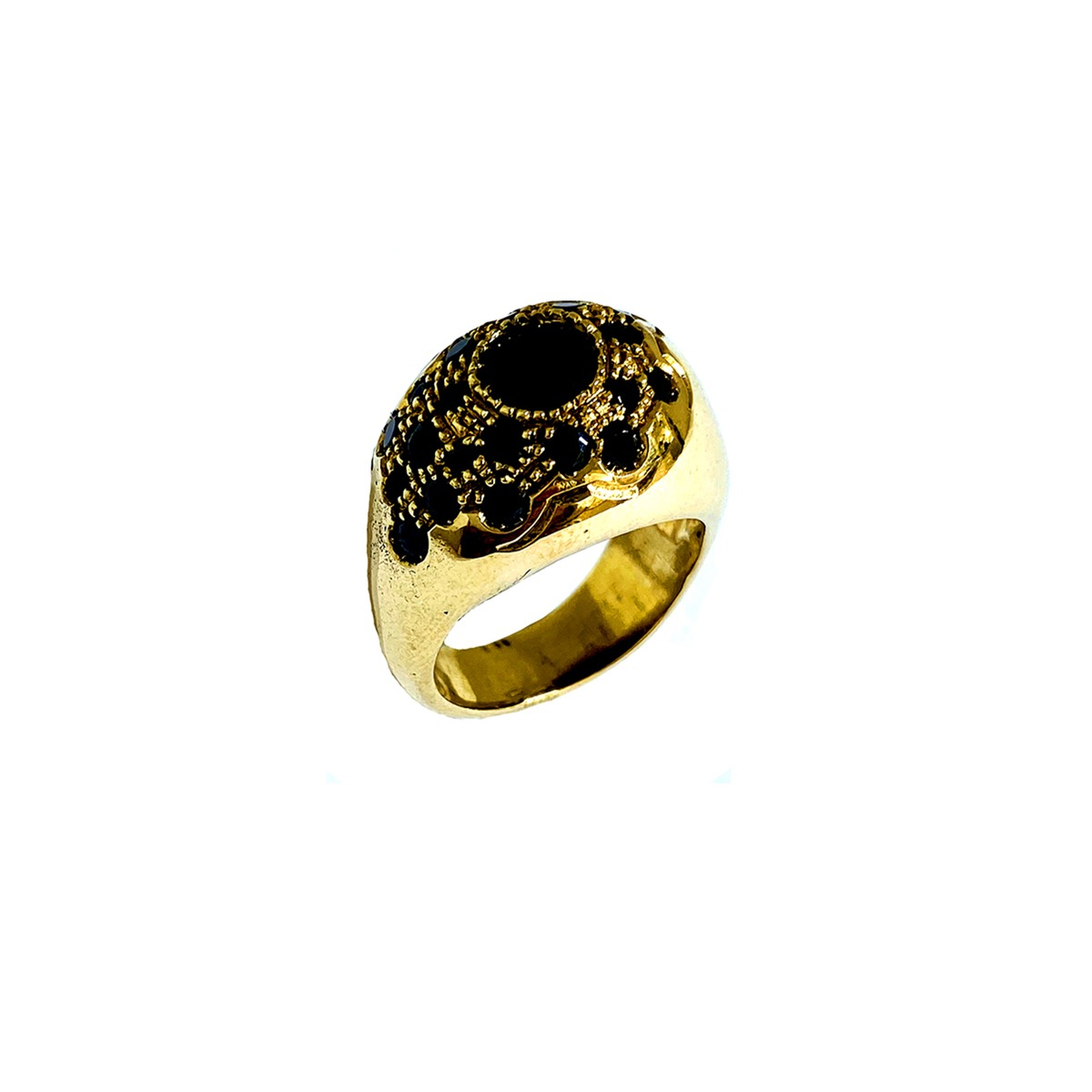 Bronze egg shaped ring paved with black zircons 