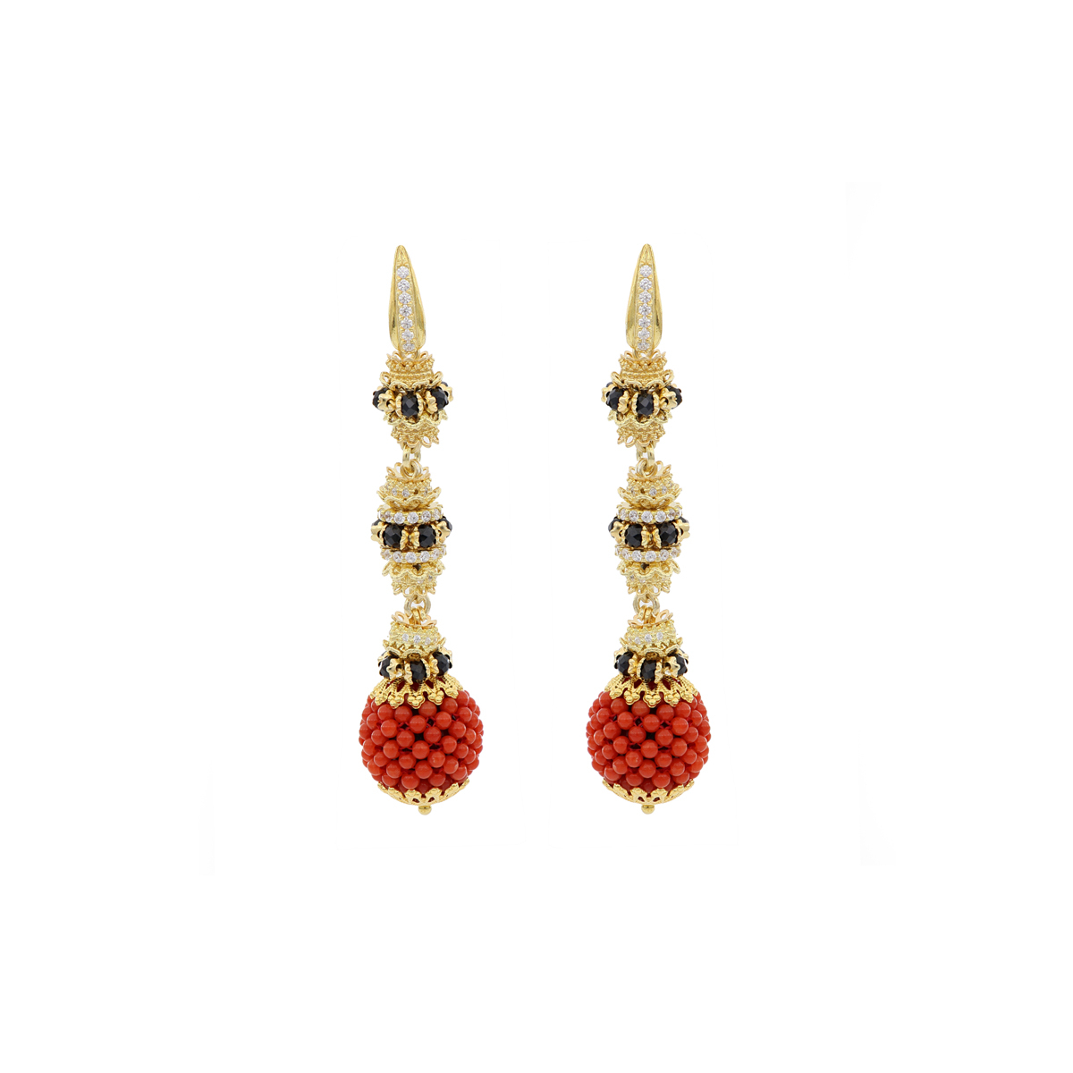 Coral And Spinels Baroque Spheres Earrings