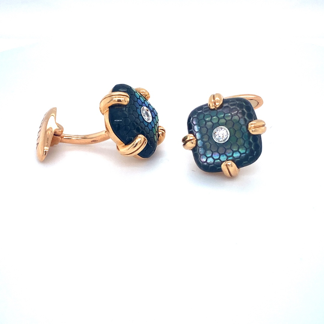 18K Rose Gold Cufflinks with Diamonds and Black Mother of Pearl