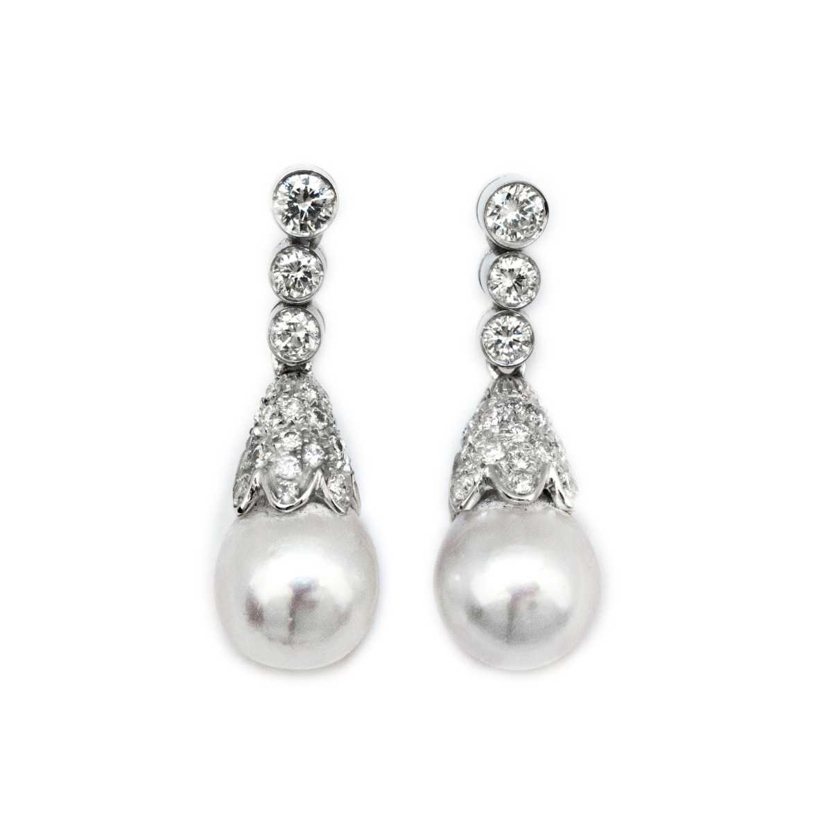 Vintage-Inspired White Pearl Drop Earrings with Diamonds