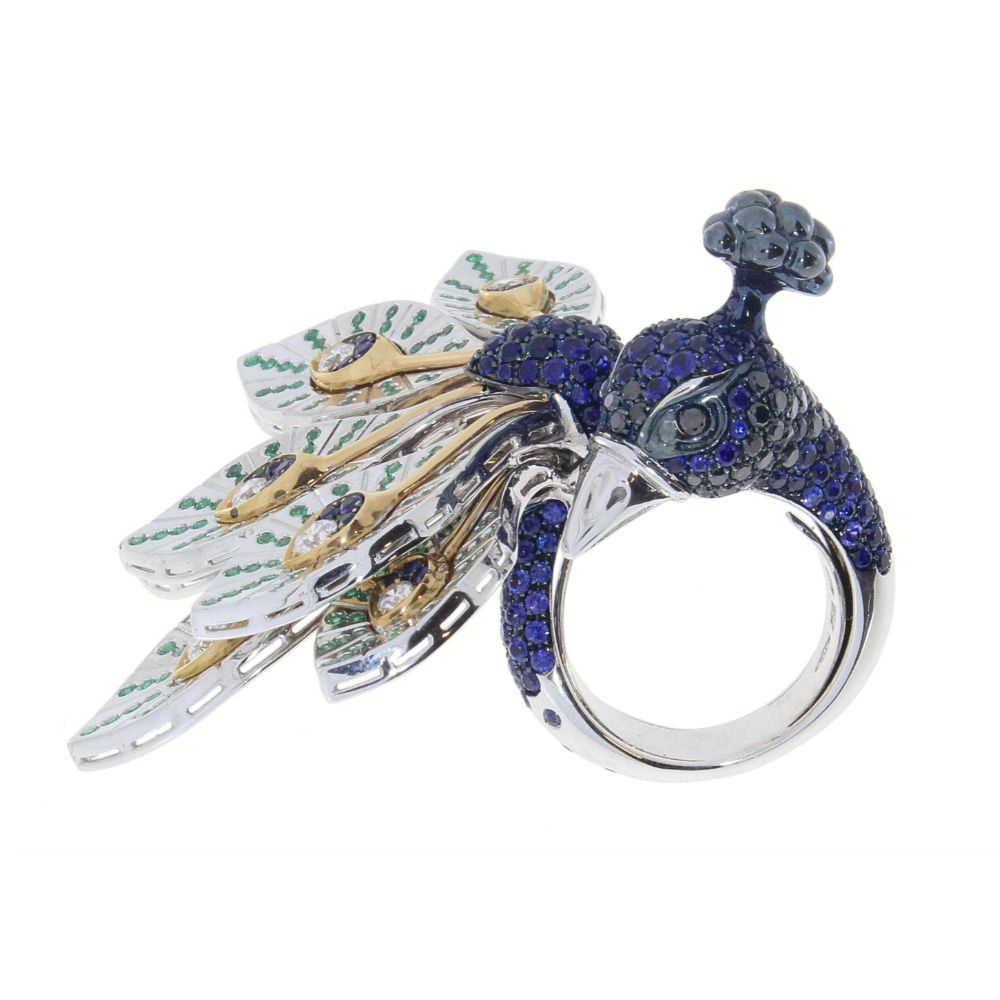 Diamonds Sapphires Regal Peacock Cocktail Ring with Tszavorites