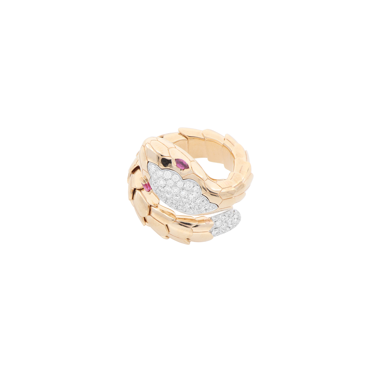 18kt Rose Gold Snake Ring with Pavè Diamond Scales and Rubies
