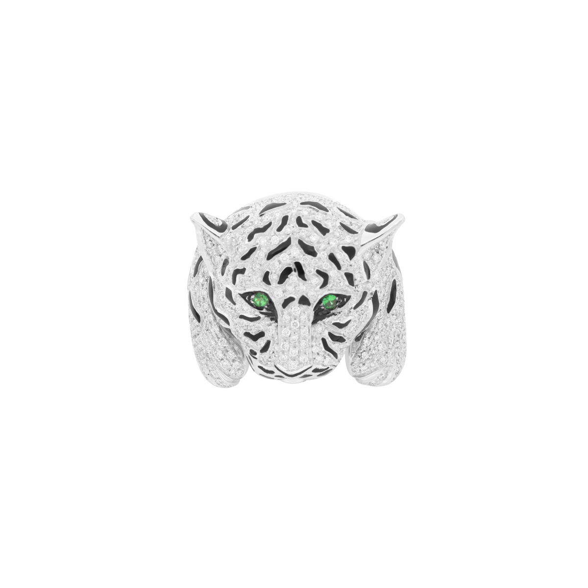 Tiger Design 18kt White Gold Ring with White Diamonds & Green Tsavorites