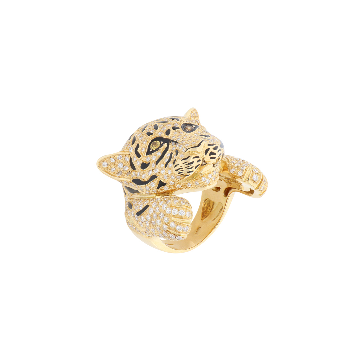 Tiger Design 18kt Yellow Gold Ring with White Diamonds & Yellow Sapphire