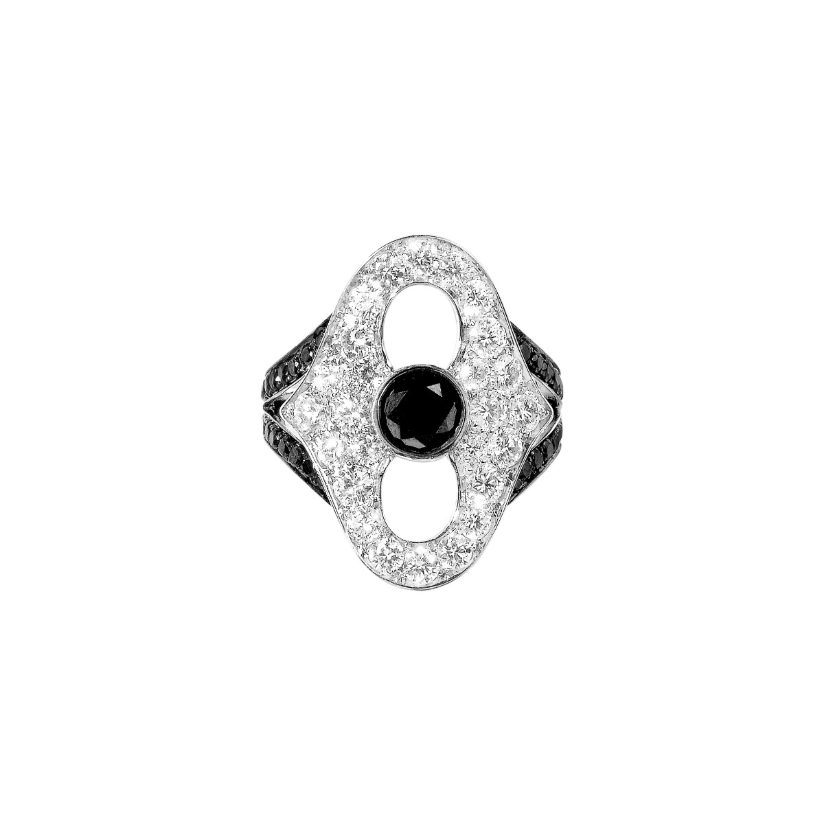 Indian Style 18 K White Gold Ring with White and Black Diamonds 
