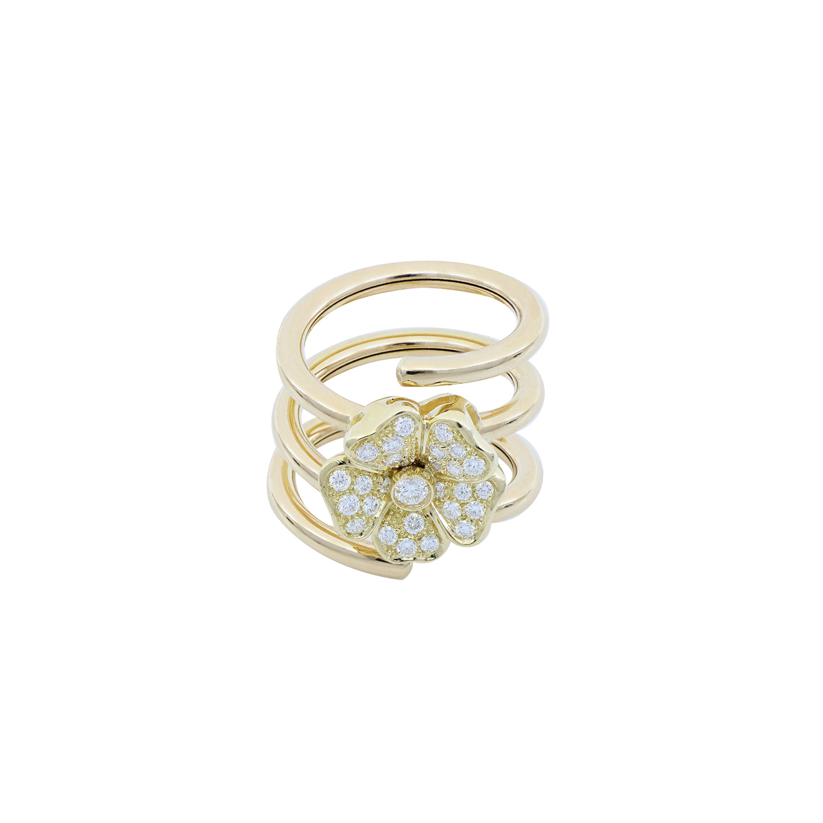 Yellow Spiral Ring with Diamond-Enriched Flower