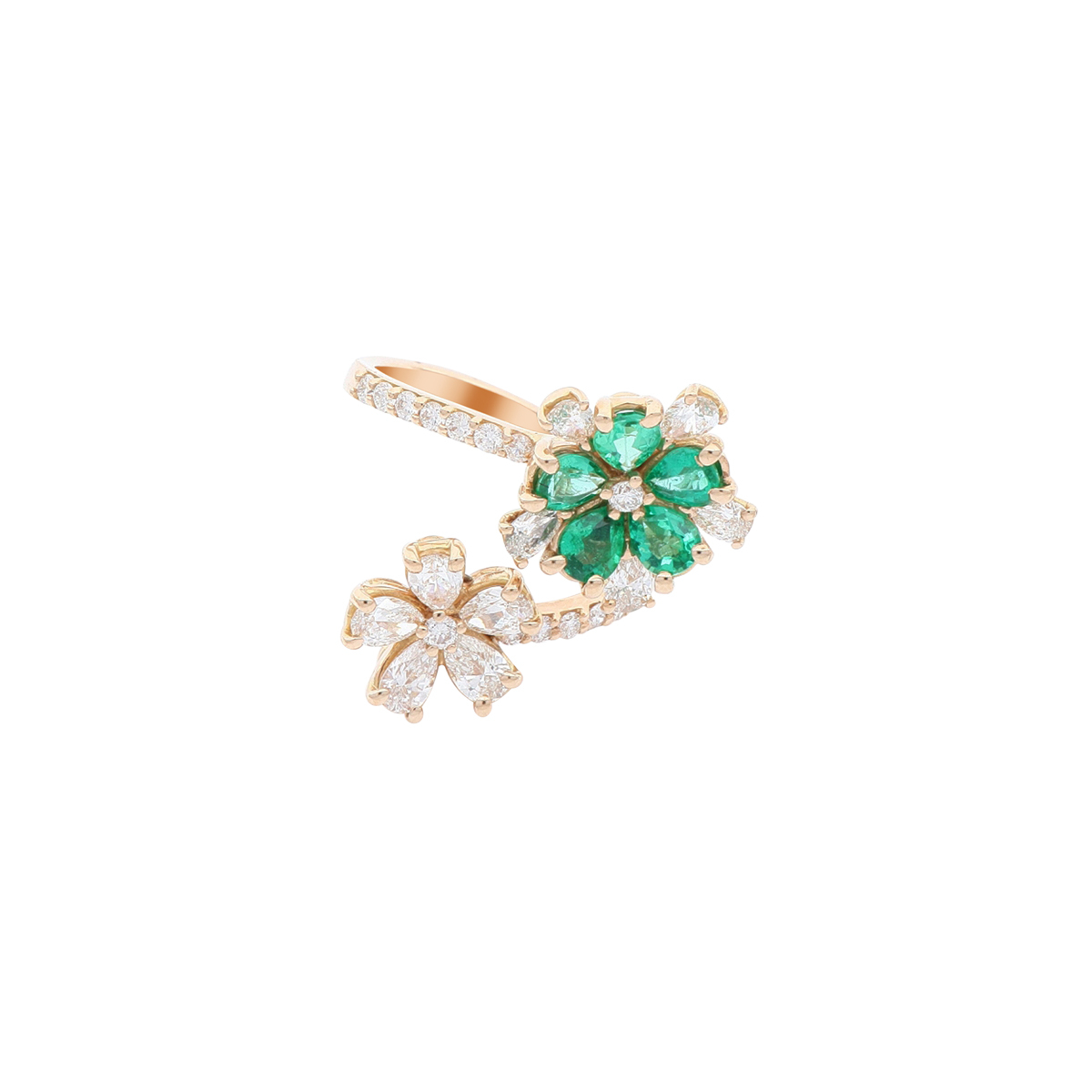 Double Emerald and Diamond Flower Open-Top Ring
