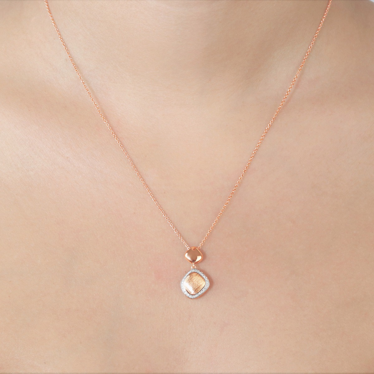 Abstract Brushed 18 K Rose Gold Double Pendant Necklace with Diamonds