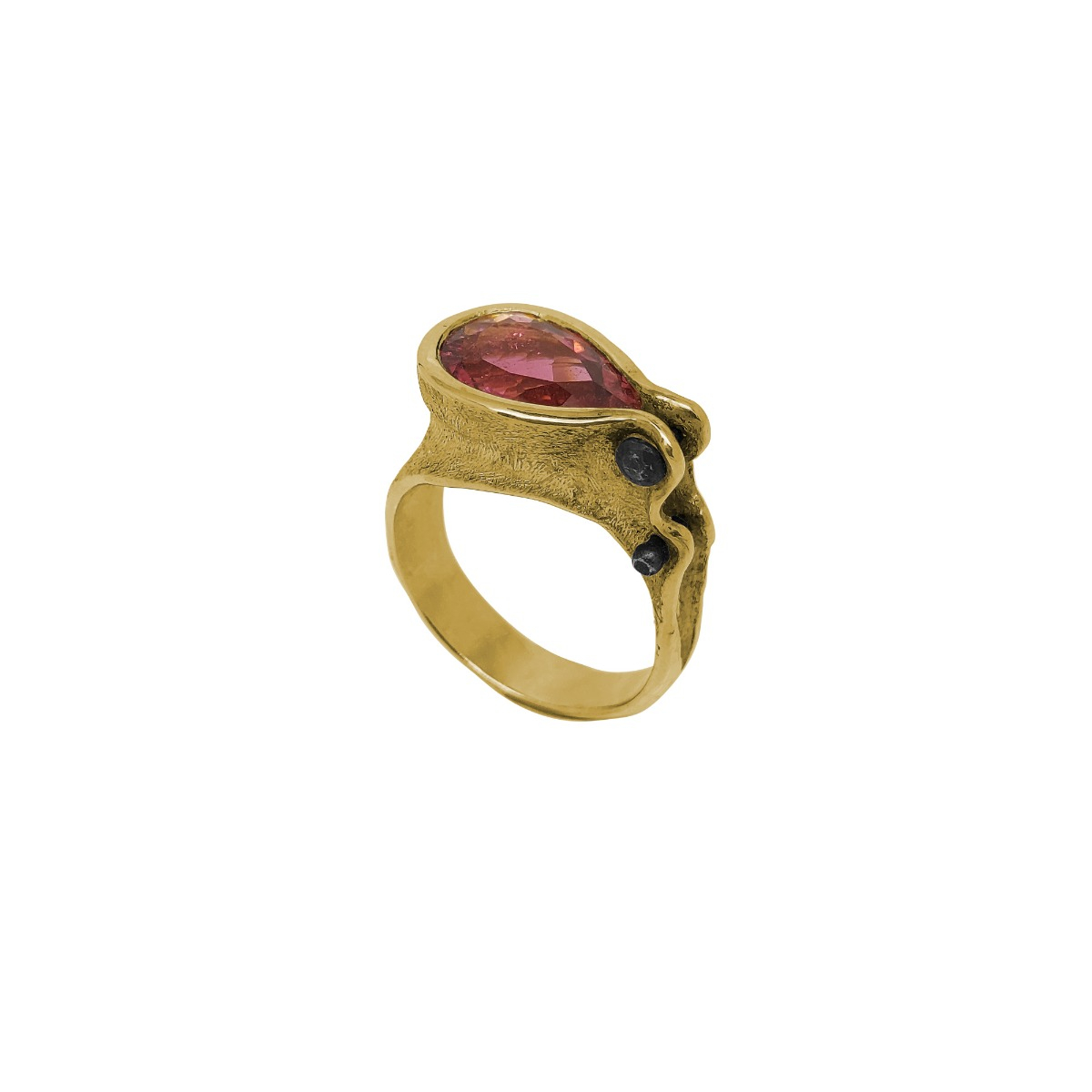 Brown Tourmaline Drop Ring in 18 K Yellow Gold and Bronze
