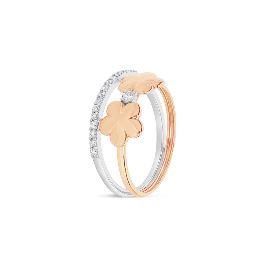 Double Band Two-Flower Ring in 18K White and Yellow Gold with Diamonds - 