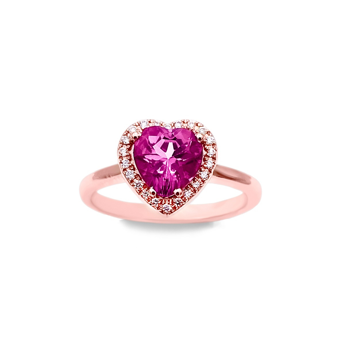 Elegant Ring In 18kt Rose Gold And Diamonds With Heart-Shaped Pink Topaz