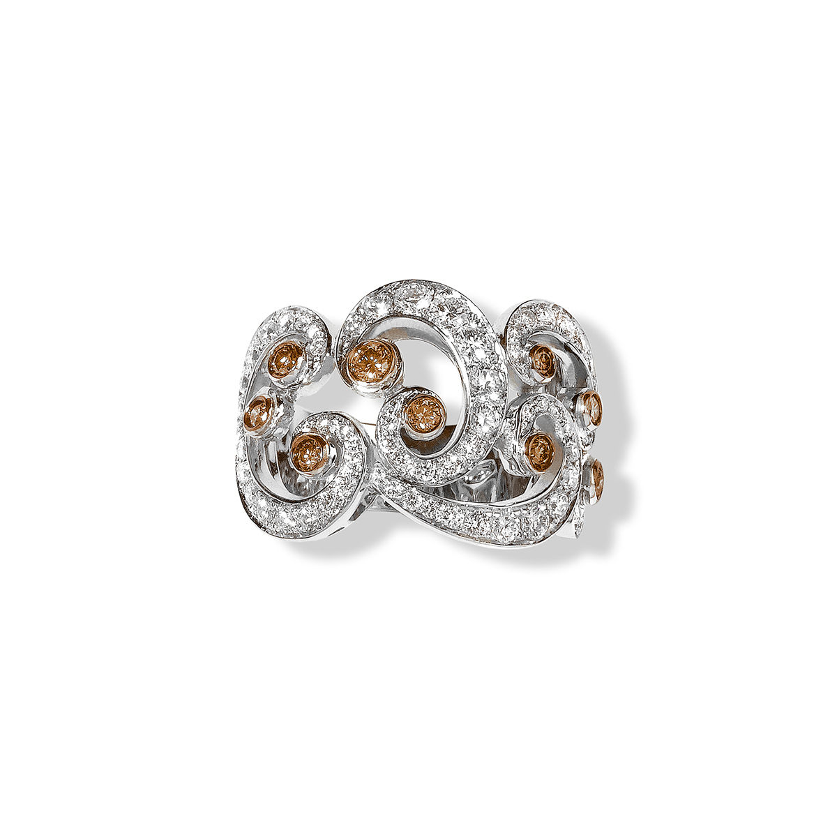 Indian Style Cognac and White Diamond Ring in 18 K White Gold 