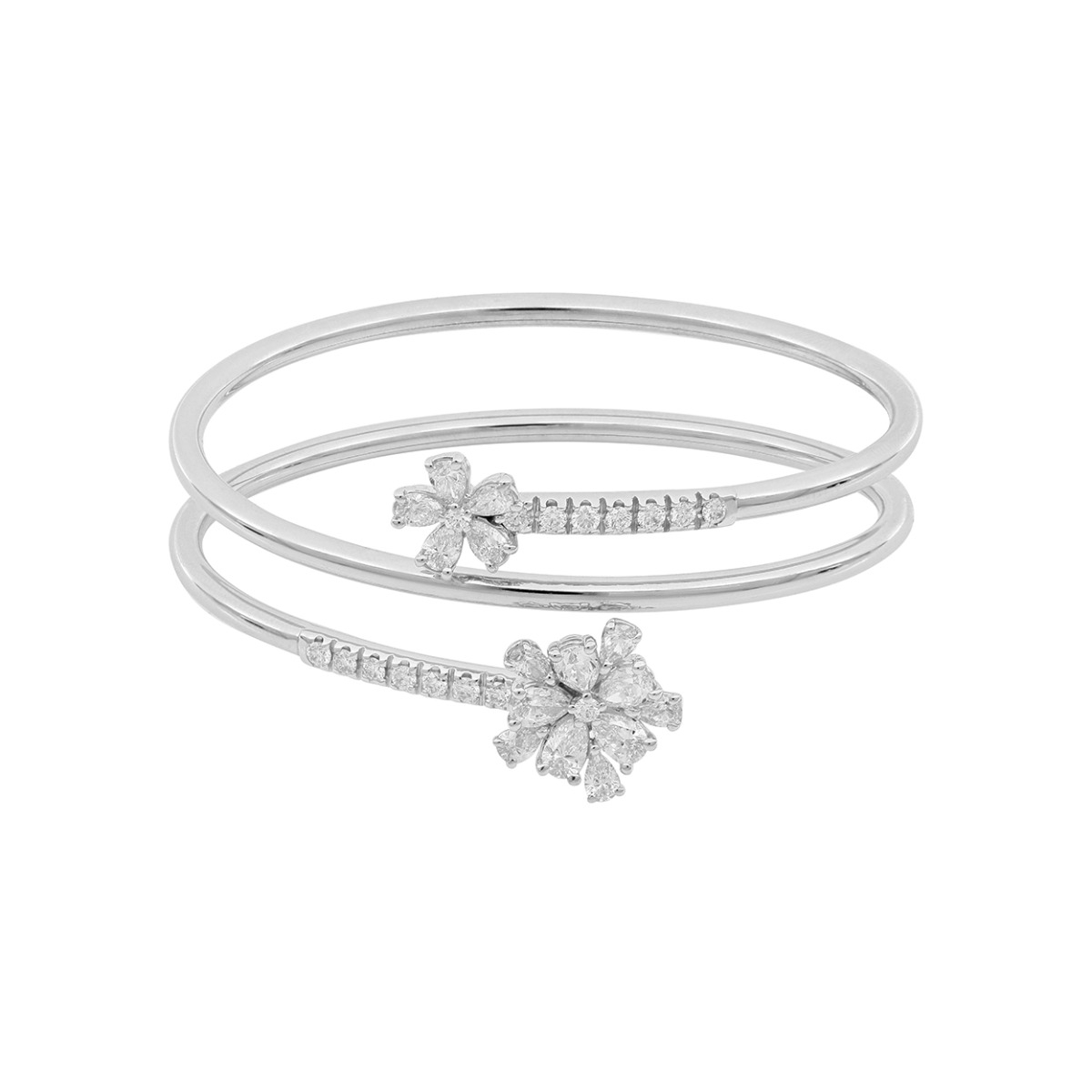 Adjustable Triple Spiral Bracelet With Diamond Flowers