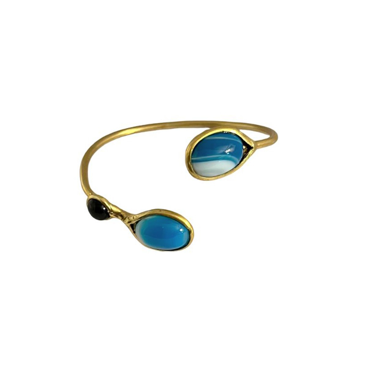 Yellow Bronze Open-Cuff Bracelet with Blue Agate and Black Onyx - Alchemy Collection