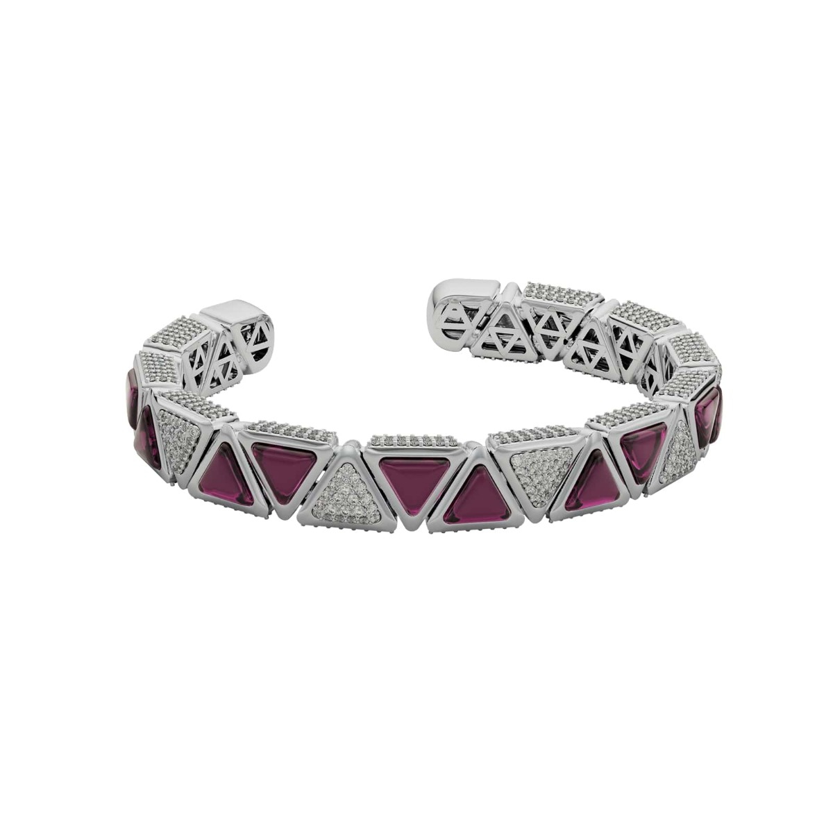 Diamond and Pink Garnet Triangle Bangle Bracelet in 18 Kt White Gold - Mirror Collection