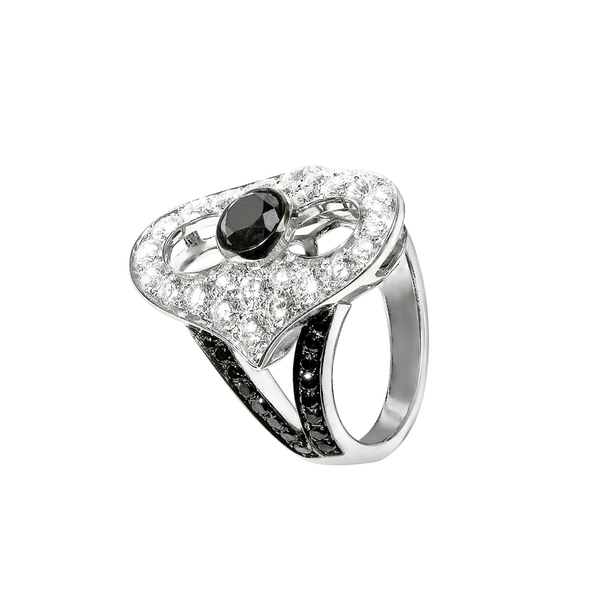 Indian Style 18 K White Gold Ring with White and Black Diamonds 