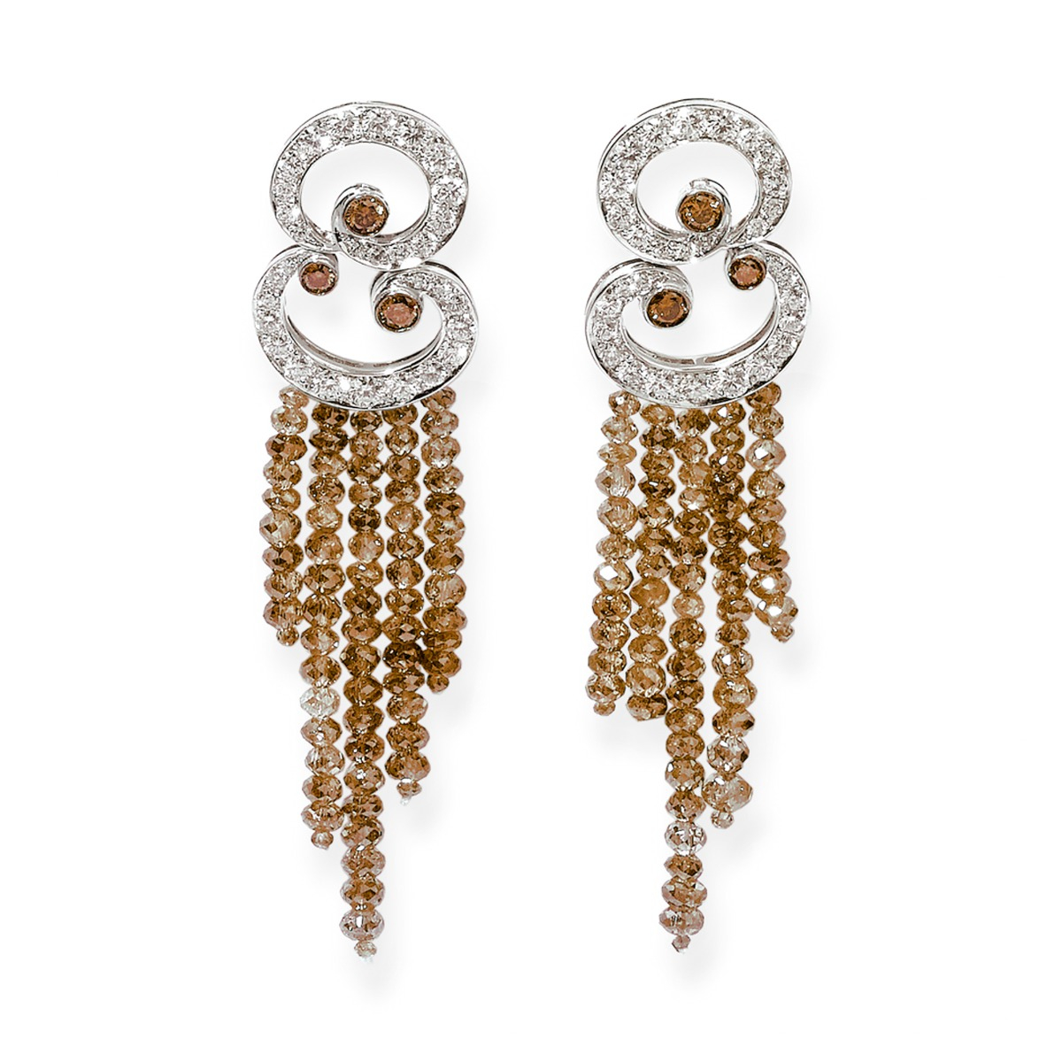 Indian Style Cognac and White Diamond Earrings with Diamond Strands 