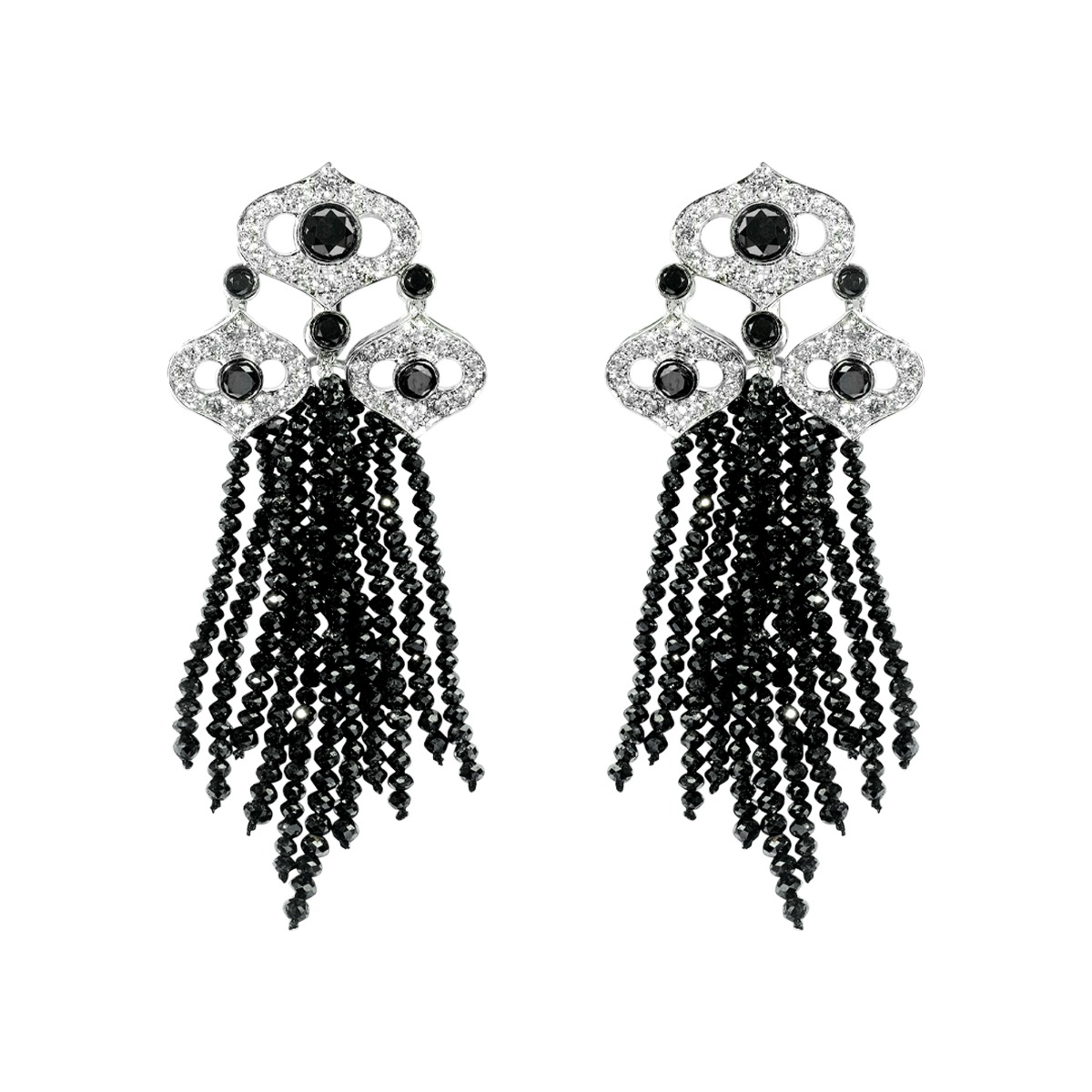 Indian Style White Diamond Earrings with Black Diamond Strands 