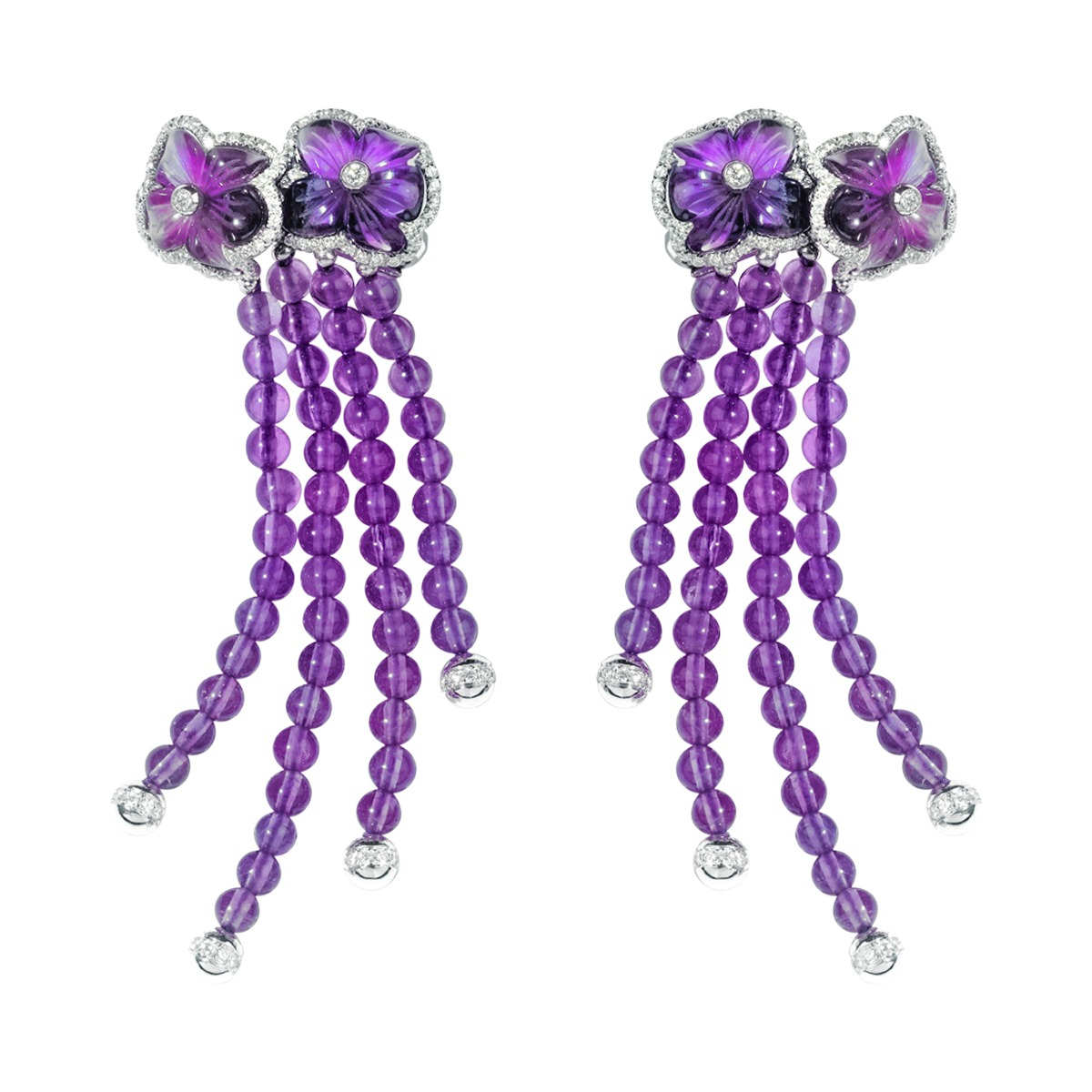 Purple Amethyst Flower Earrings with Diamonds in 18K White Gold