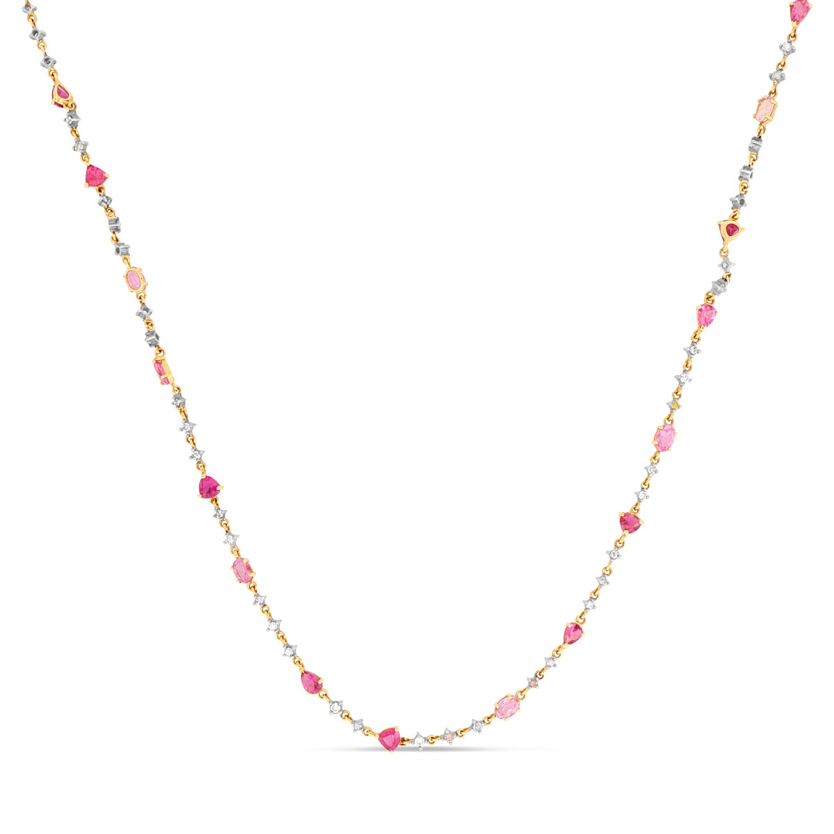 18k Yellow Gold Long Gemstone Necklace with Brown Diamonds, Pink Tourmalines and Rubellites