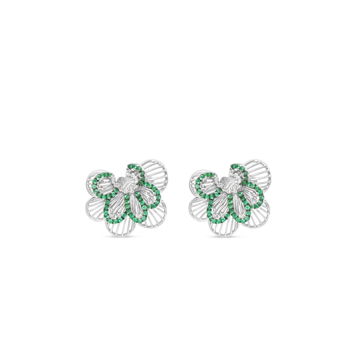 Emerald Flower Petal Stud Earrings with White Diamonds (18K White Gold)