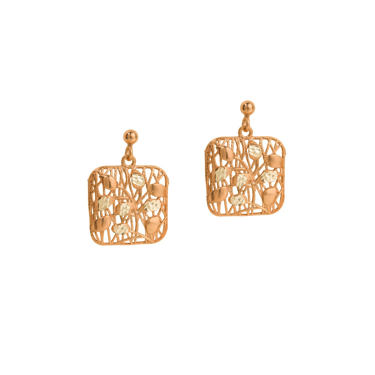 Contemporary Square Net Earrings in Yellow Silver with Diamond Effect