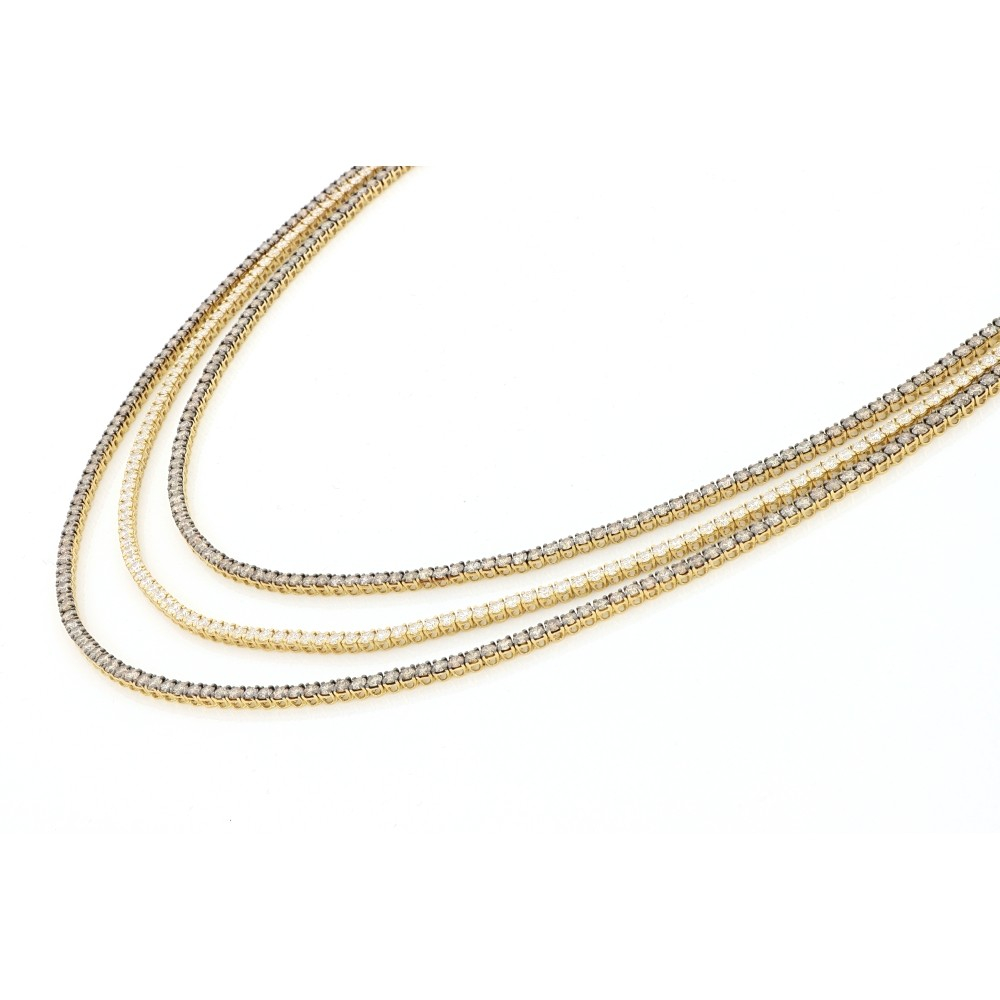 Three Row White and Brown Diamond Necklace in 18 Kt Yellow Gold