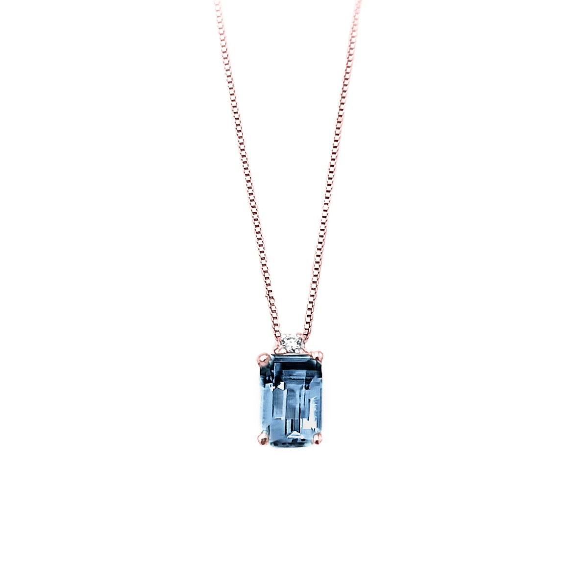 Elegant Necklace In Rose Gold And Diamonds With London Blue Topaz In Octagonal Shape