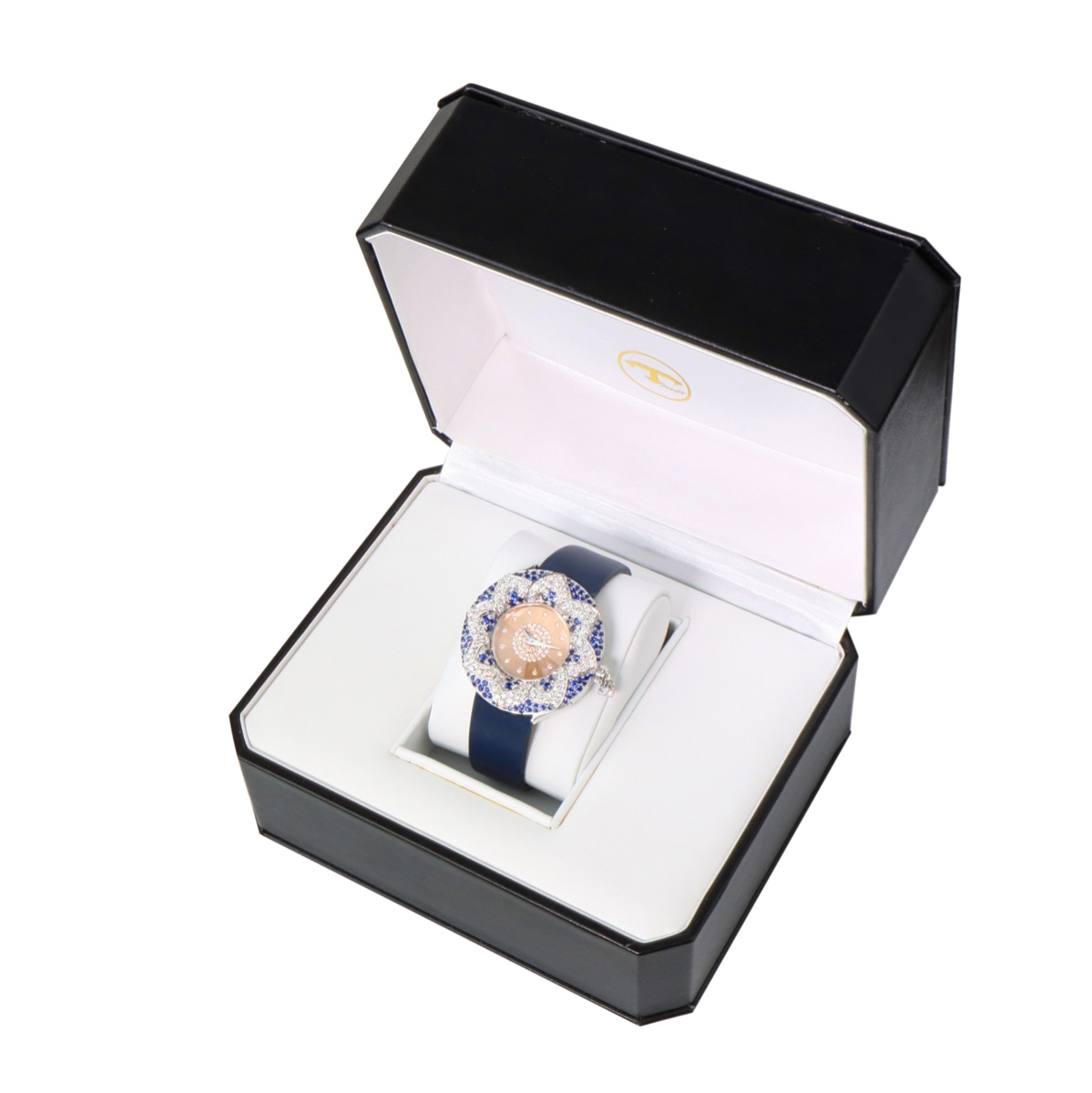 White and pink gold watch with brilliant cut diamonds, a drop cut diamond and blue sapphires 