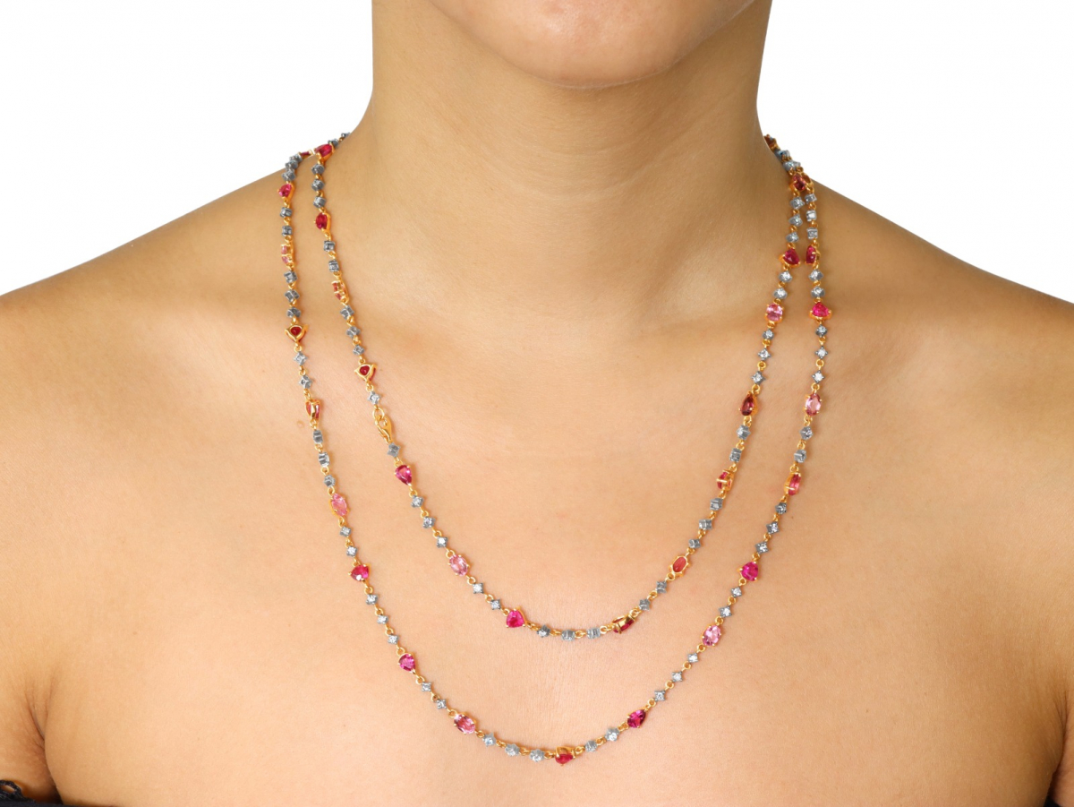 18k Yellow Gold Long Gemstone Necklace with Brown Diamonds, Pink Tourmalines and Rubellites