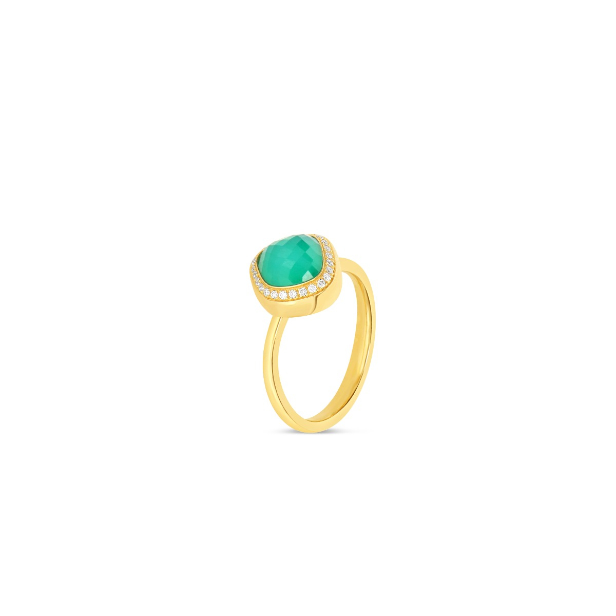 Abstract-Cut Green Stone Ring with Diamonds in 18 K Yellow Gold