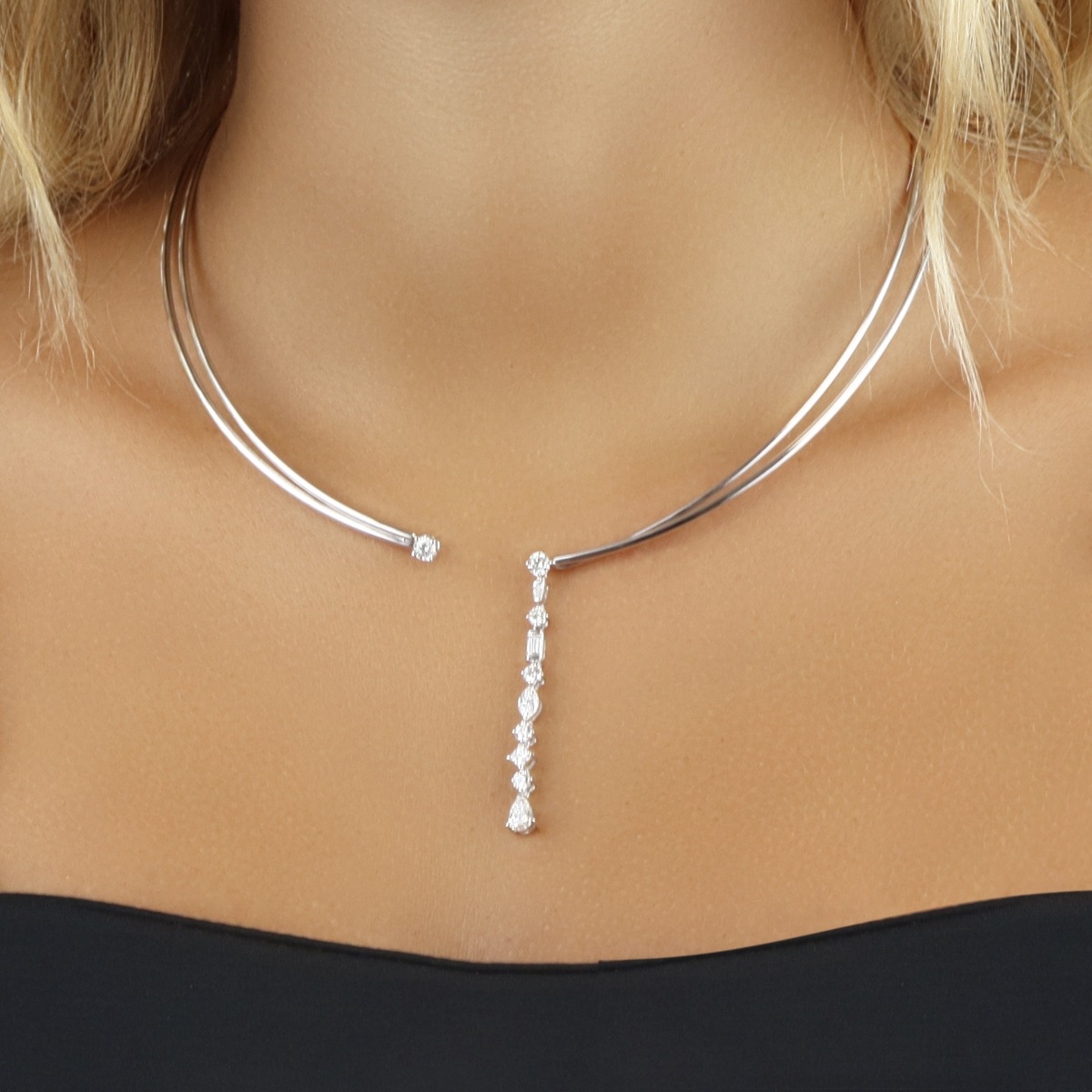 Adjustable Open Collar Necklace with Diamond Pendant