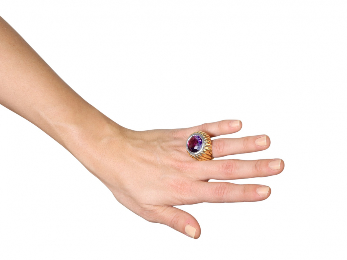 Bronze Ring with Purple Hydrothermal Amethyst set in Silver