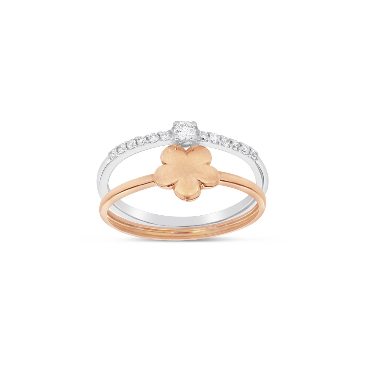 Double Band Single Flower Ring in 18K White and Rose Gold with Diamonds - 
