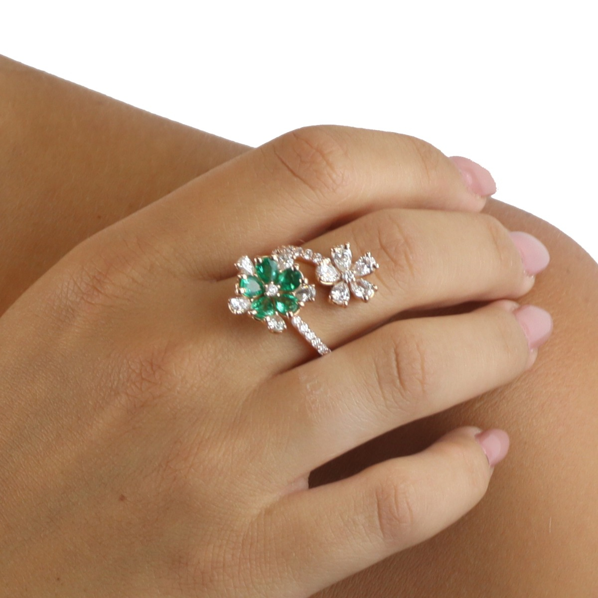 Double Emerald and Diamond Flower Open-Top Ring