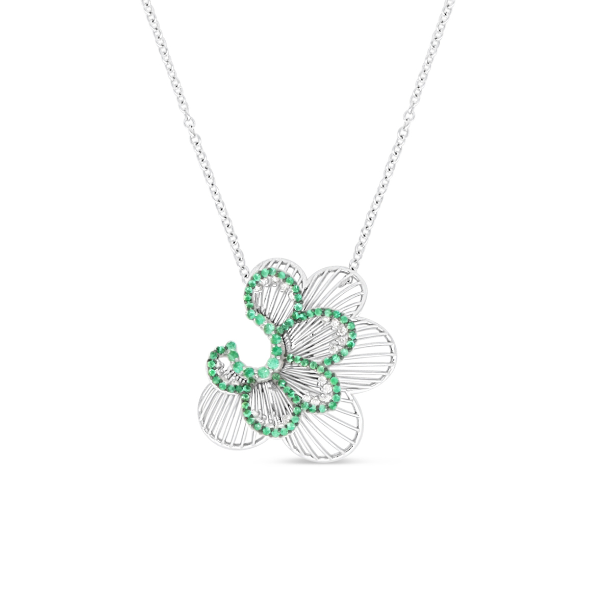 Emerald Flower Petals Pendant Necklace with White diamonds 