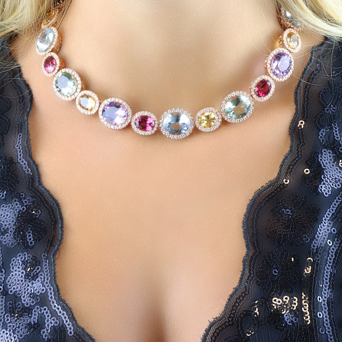 EXPERIENCE | Multi-Colored Gemstone and Diamond Halo Cocktail Necklace