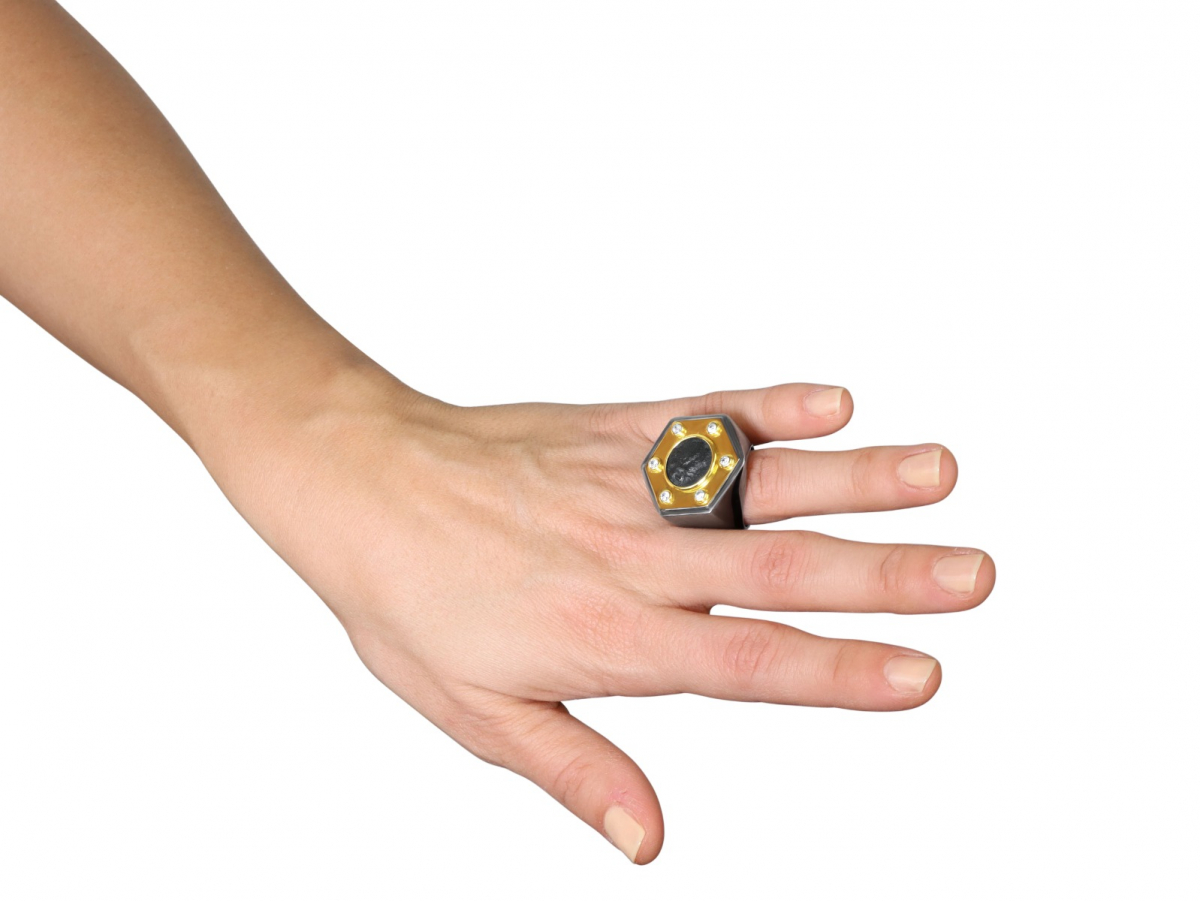 Geometric Ring with Black Rhodium and Cubic Zirconias