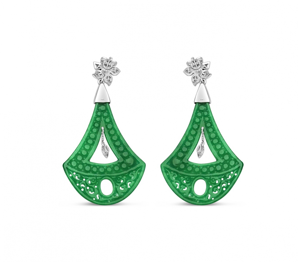 Green Jade Chandelier Earrings with Diamonds in 18 K White Gold
