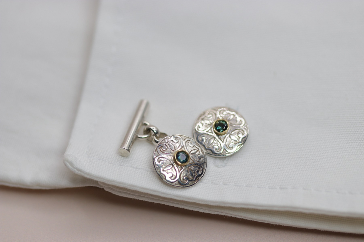 Iris Cufflinks - Australian Sapphire Cufflinks in Engraved 925 Silver