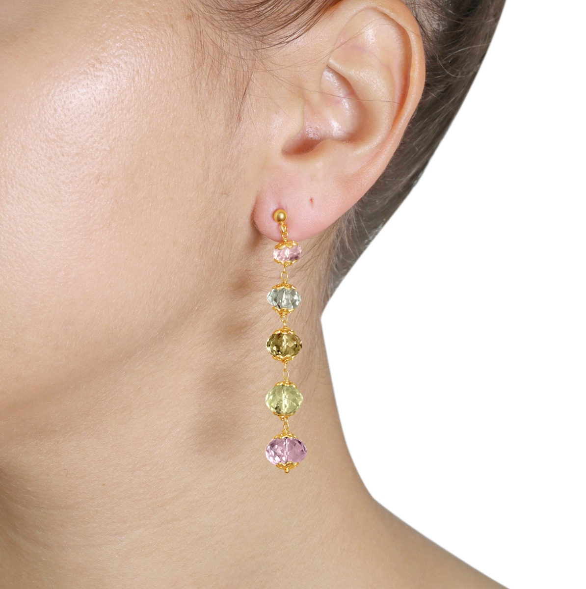 Multicolor Pendant Earrings With Rose, Brown, Lemon Quartz And Purple Amethyst 