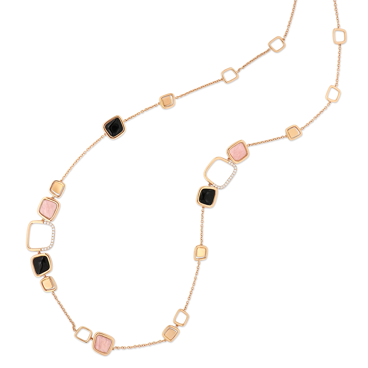 Onyx and Pink Opal Long Square Necklace in 18K Rose Gold