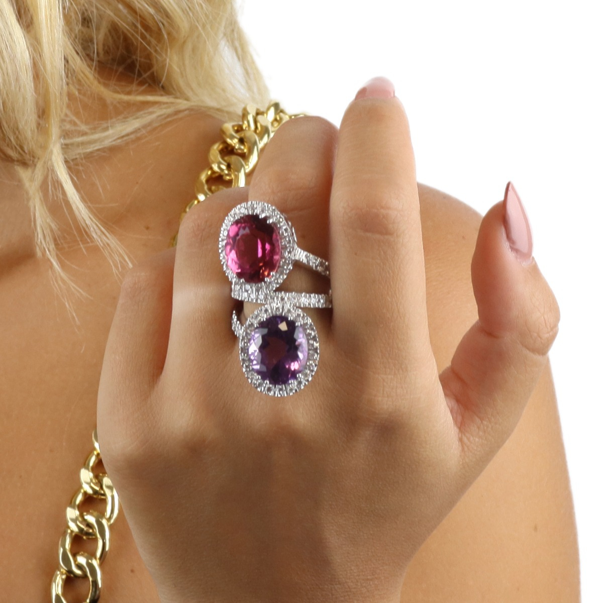 Two-Stone Tourmaline and Amethyst Bypass Ring