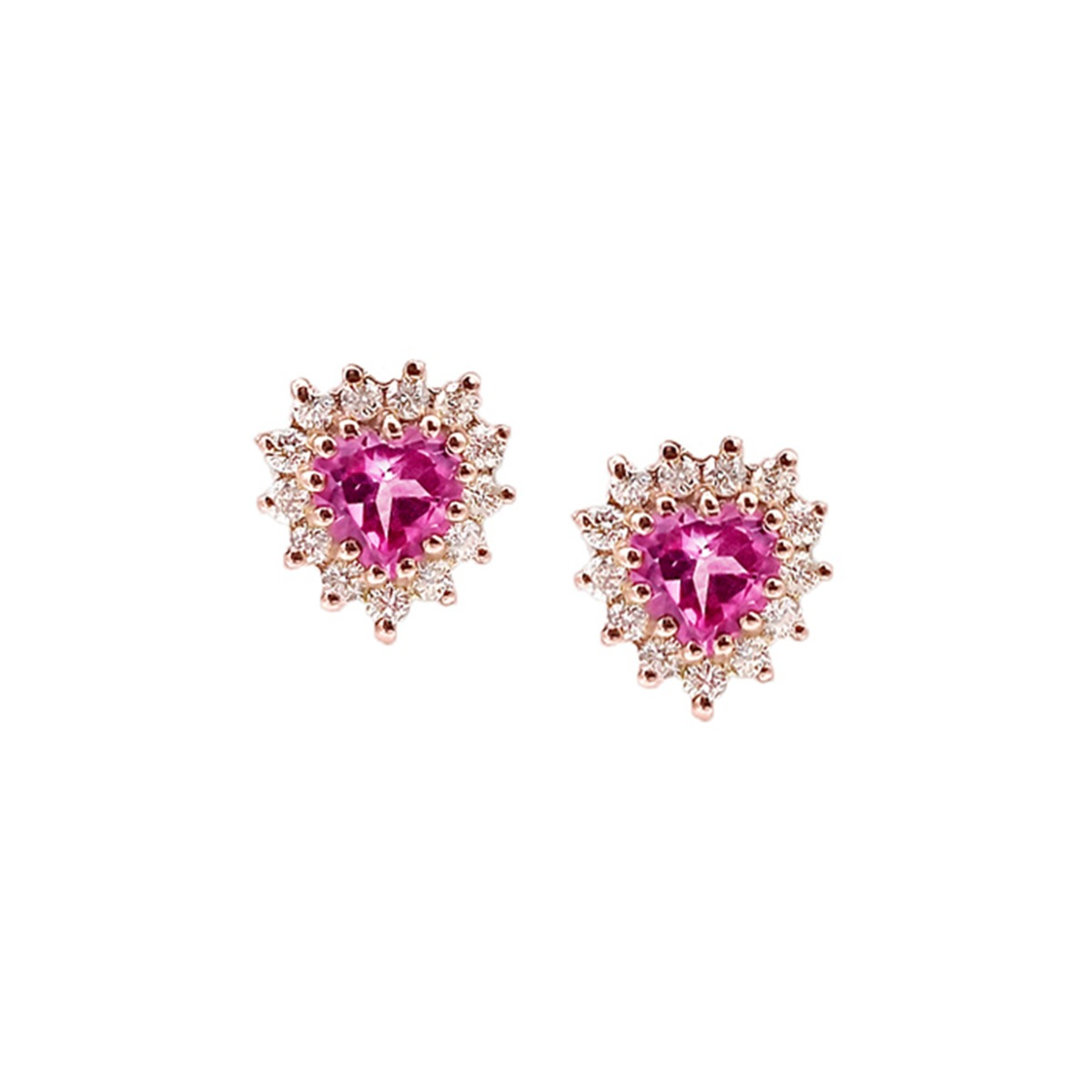 Elegant Earrings In Rose Gold And Diamonds With Heart-Shaped Pink Topaz