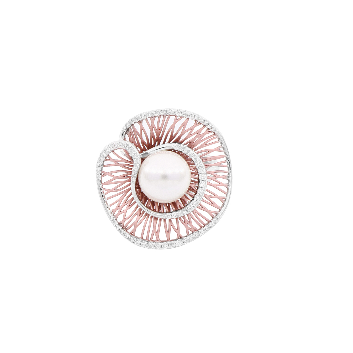 Modern 18 Kt White Gold Pearl Ring with Diamonds