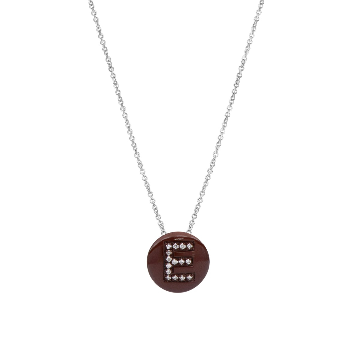 Coffee Brown Enamel Disc Necklace with Diamond Letter in 18 Kt White Gold