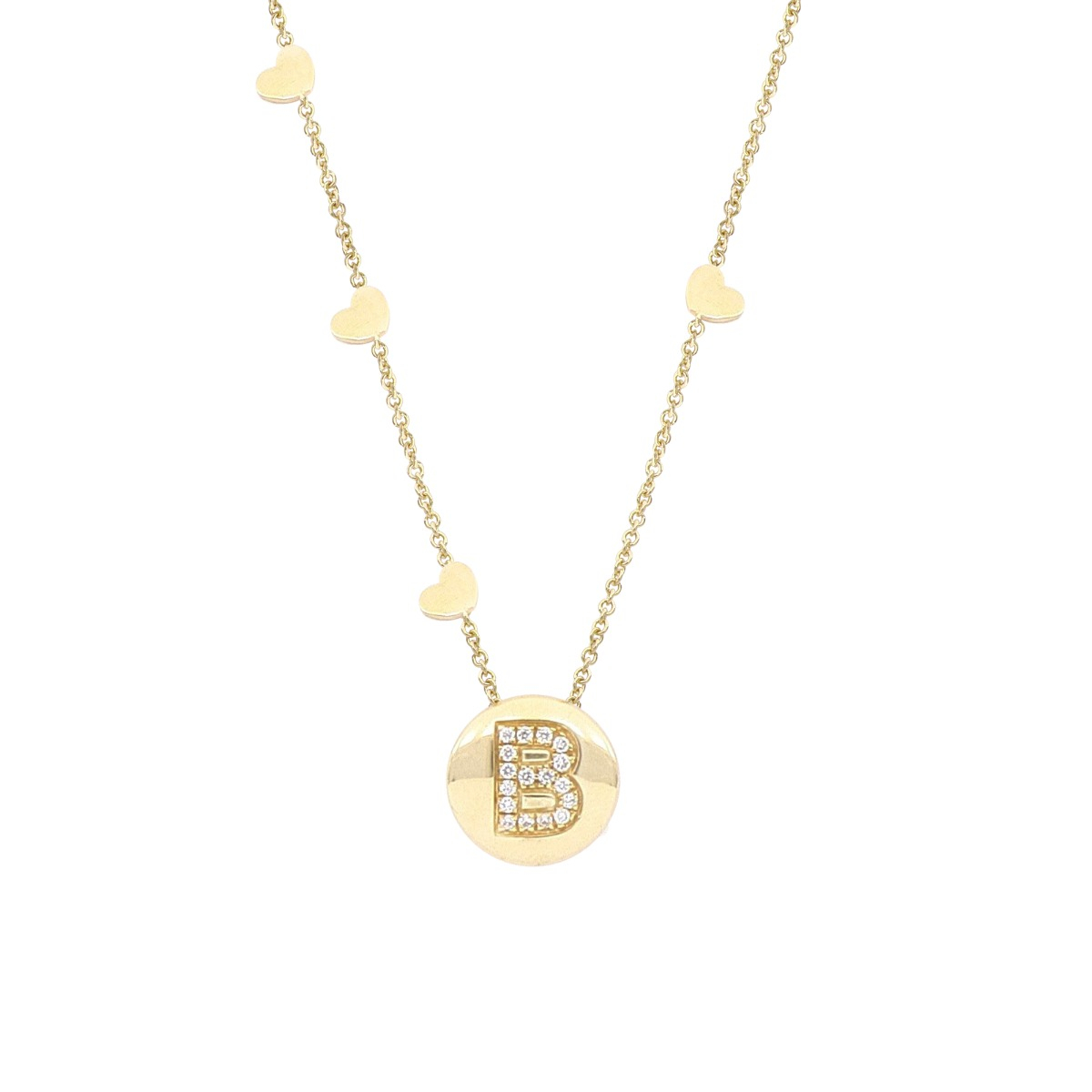 Disc Necklace with Diamond Letter & Hearts in 18 Kt Yellow Gold