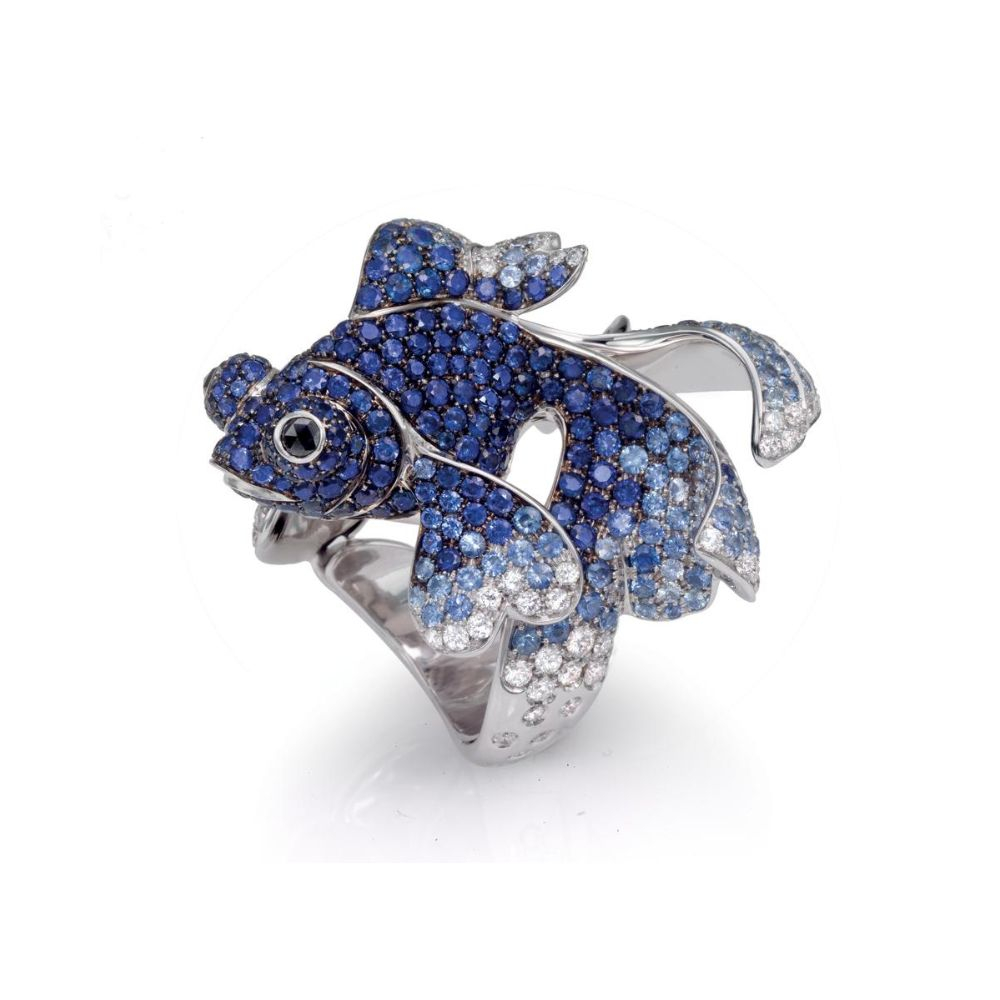 Chinese Blue Fish Ring with Sapphires in 18K White Gold