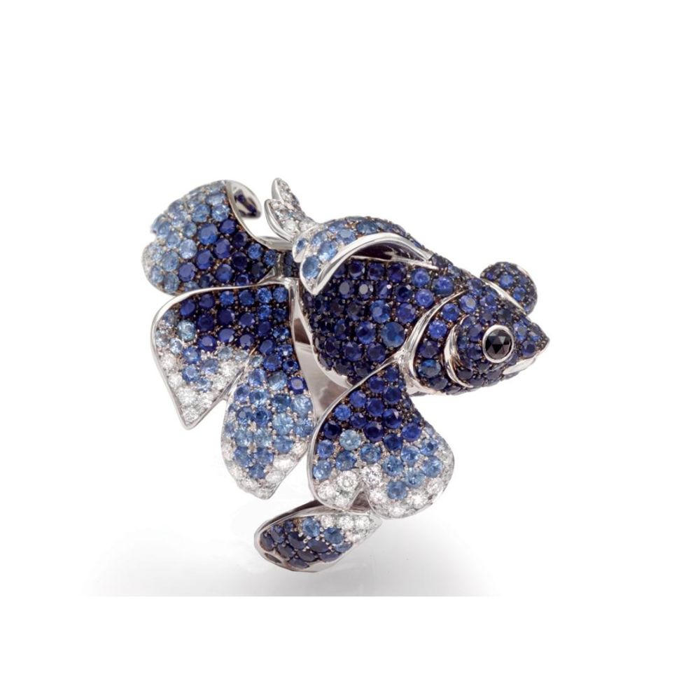 Chinese Blue Fish Ring with Sapphires in 18K White Gold