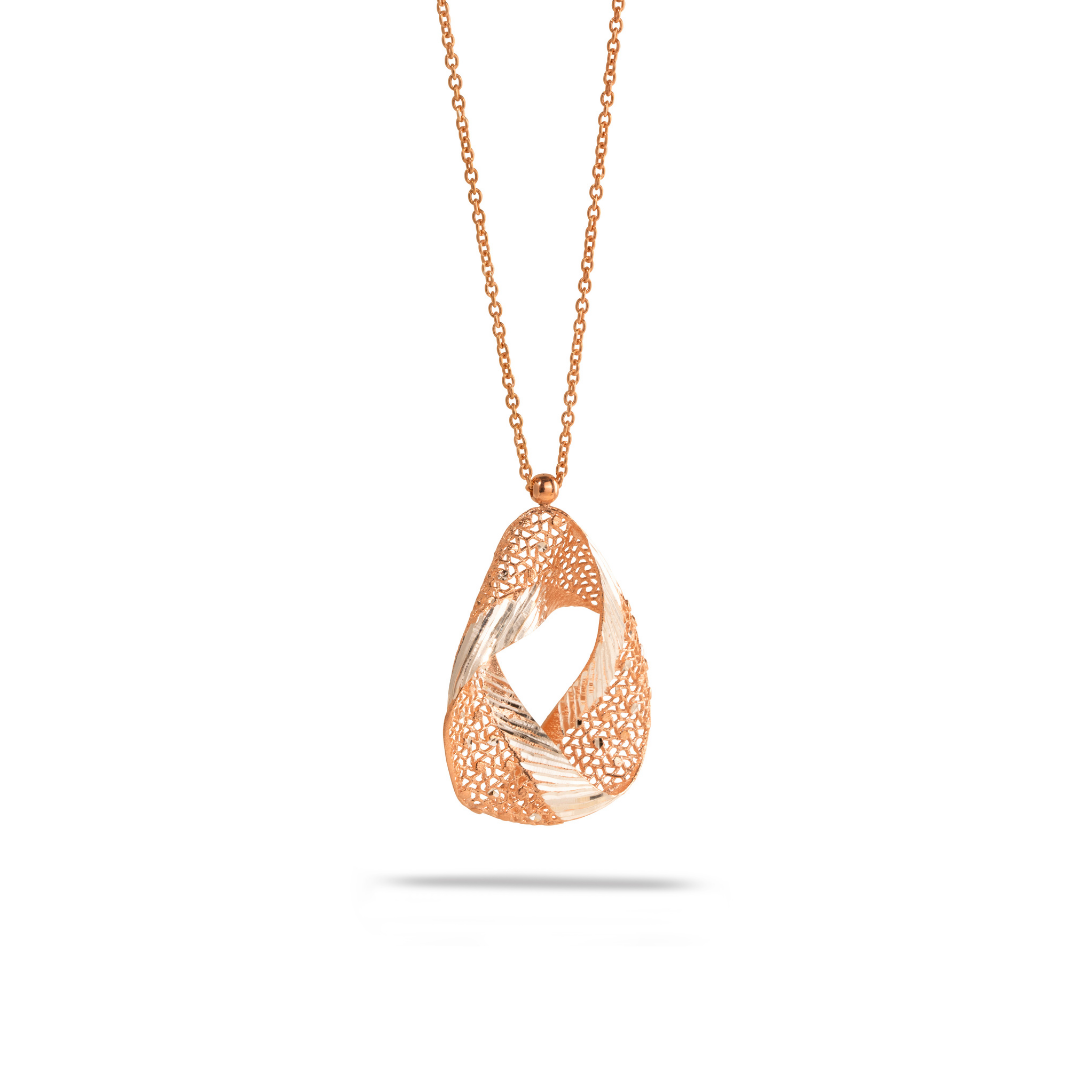Modern 3D Oval Net Design Pendant Necklace in Rose Silver